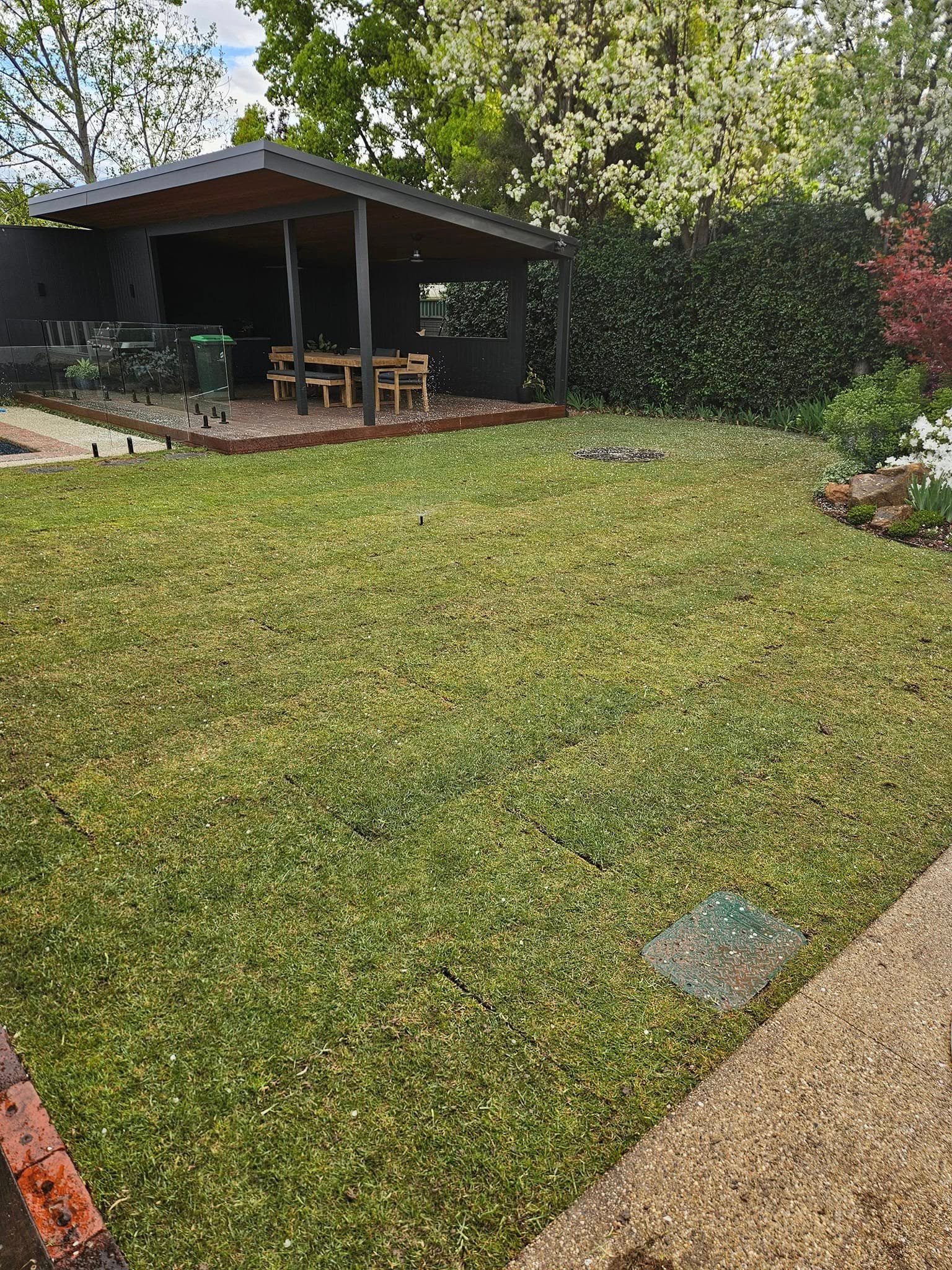 Completed Shepparton backyard landscaping with fresh green turf and an outdoor entertaining area.